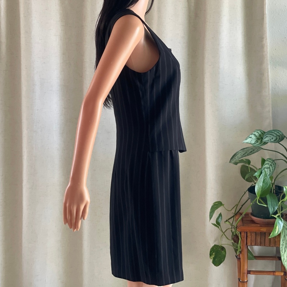 Vintage 90s Ann Taylor Pinstripe Faux Vest Zip Front Sheath Dress Black Size 4 - Picture 4 of 7